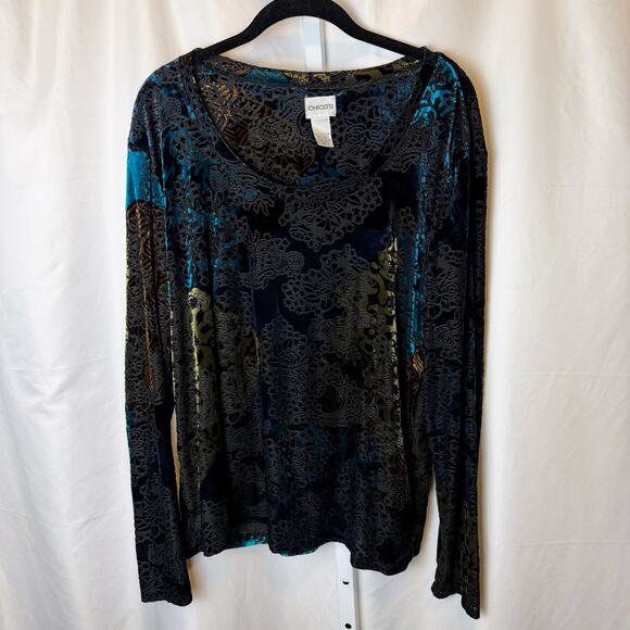Chico’s XL Velvet Damask Blouse Witchy Office Art Deco Boho Glam Top Workwear - Picture 1 of 5